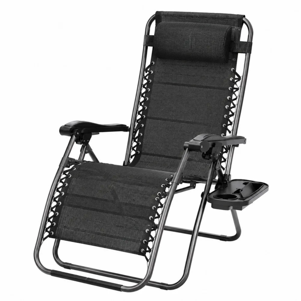 Chaise longue en métal et textilène noir avec support pour gobelet