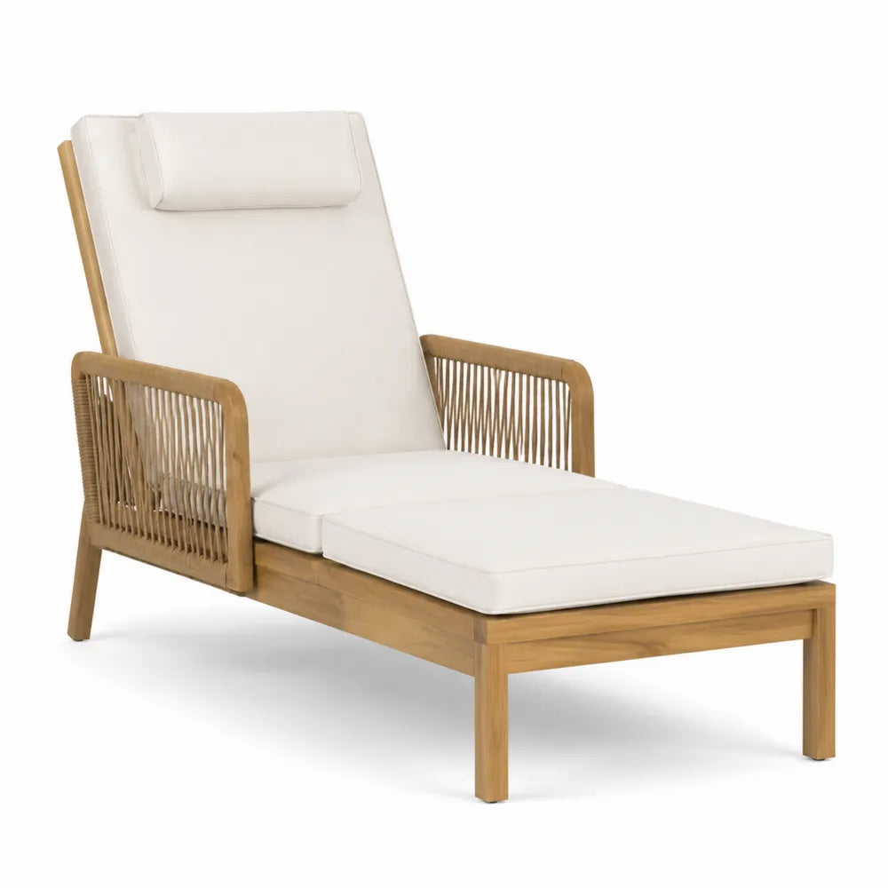 Chaise longue en teck et cordage blanc