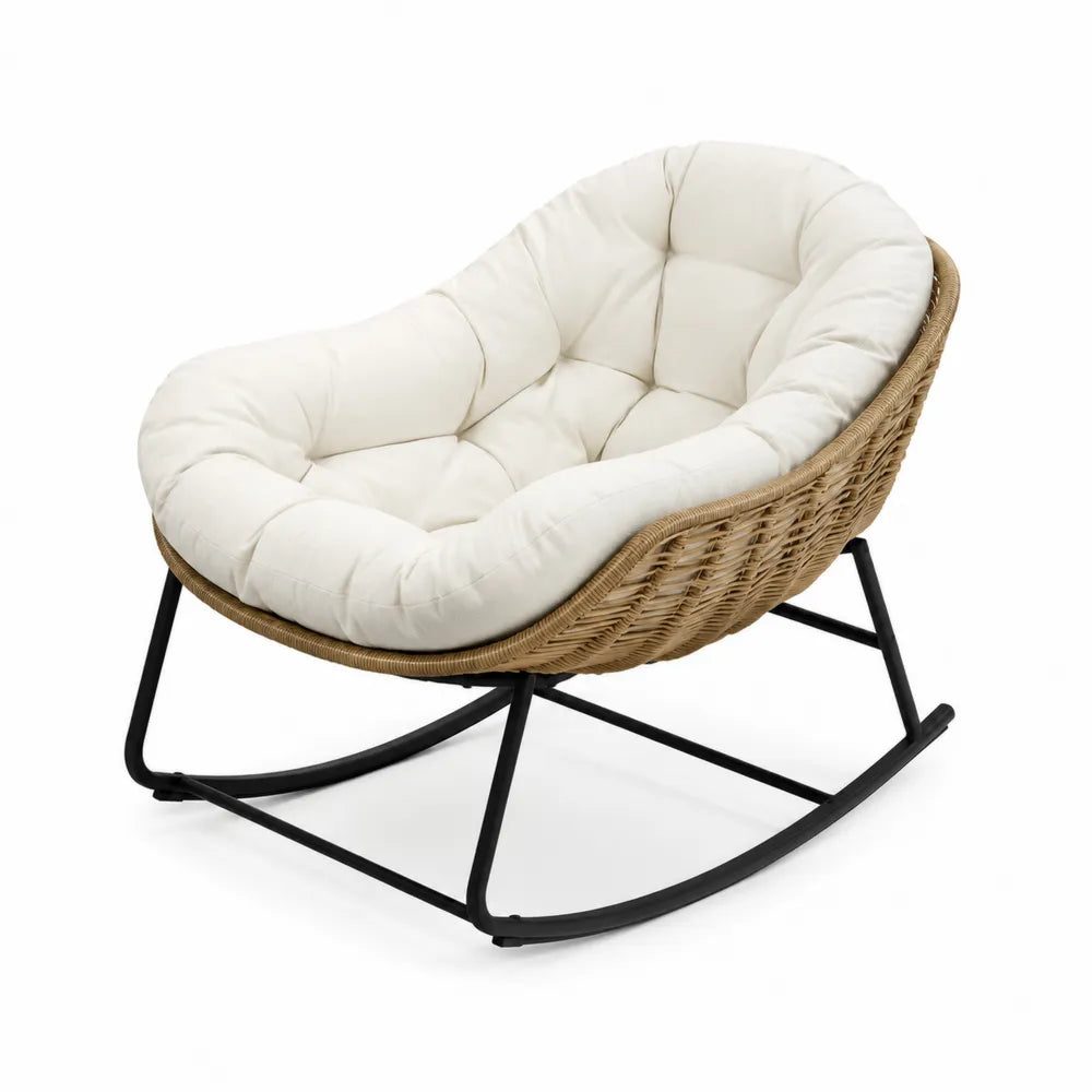 Chaise à bascule en rotin et métal avec coussin beige