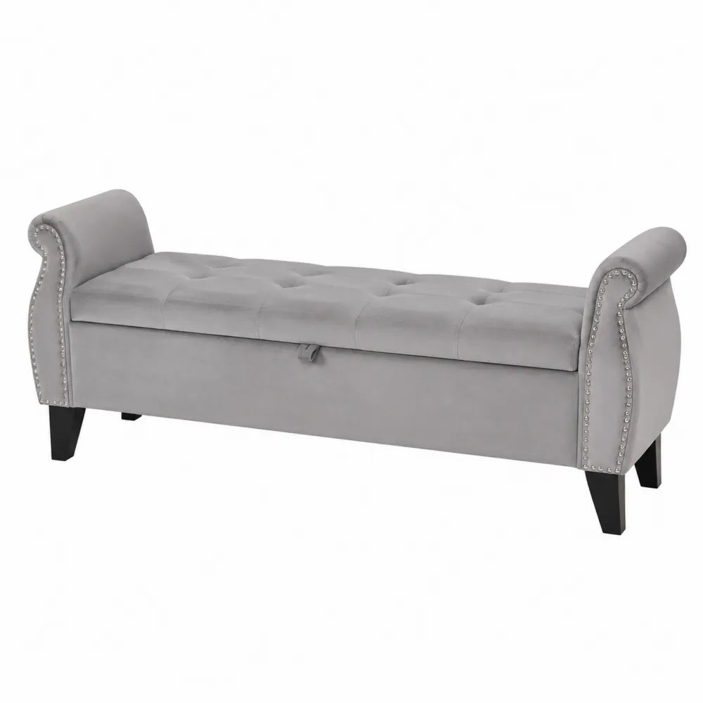 Banc Coffre en Bois et Velours Gris 140 cm