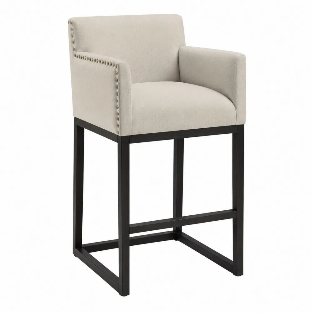 Tabouret de bar en bois et métal avec revêtement en tissu polyester beige