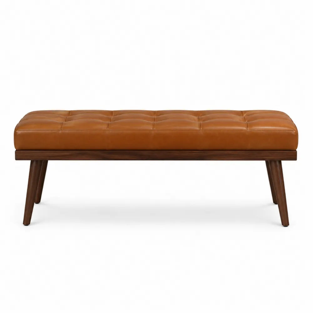 Banc en cuir avec pieds en bois massif marron