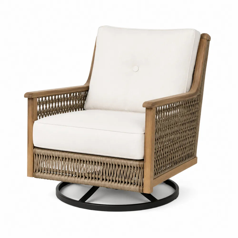 Fauteuil pivotant en bois et rotin avec coussin en polyester blanc