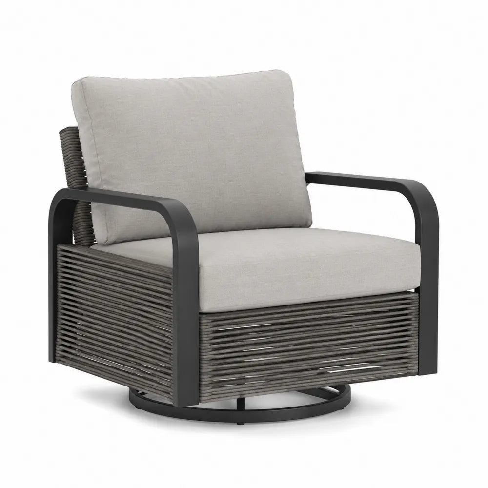 Fauteuil pivotant en aluminium et rotin, coussins en tissu gris