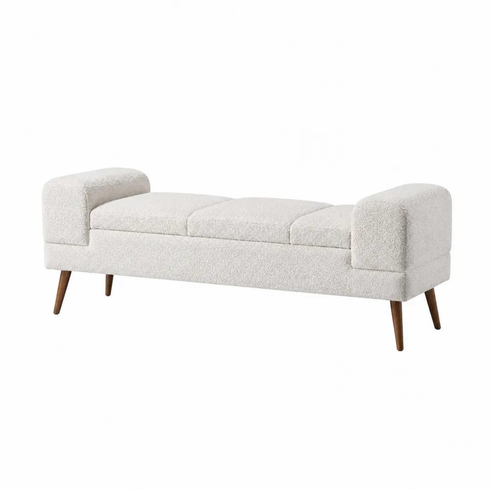 Banc en bois et tissu bouclé blanc avec accoudoirs, 140 cm