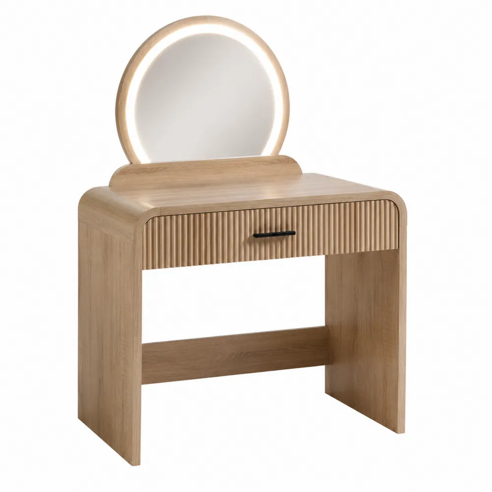 Coiffeuse en bois avec miroir rond éclairé 90 cm