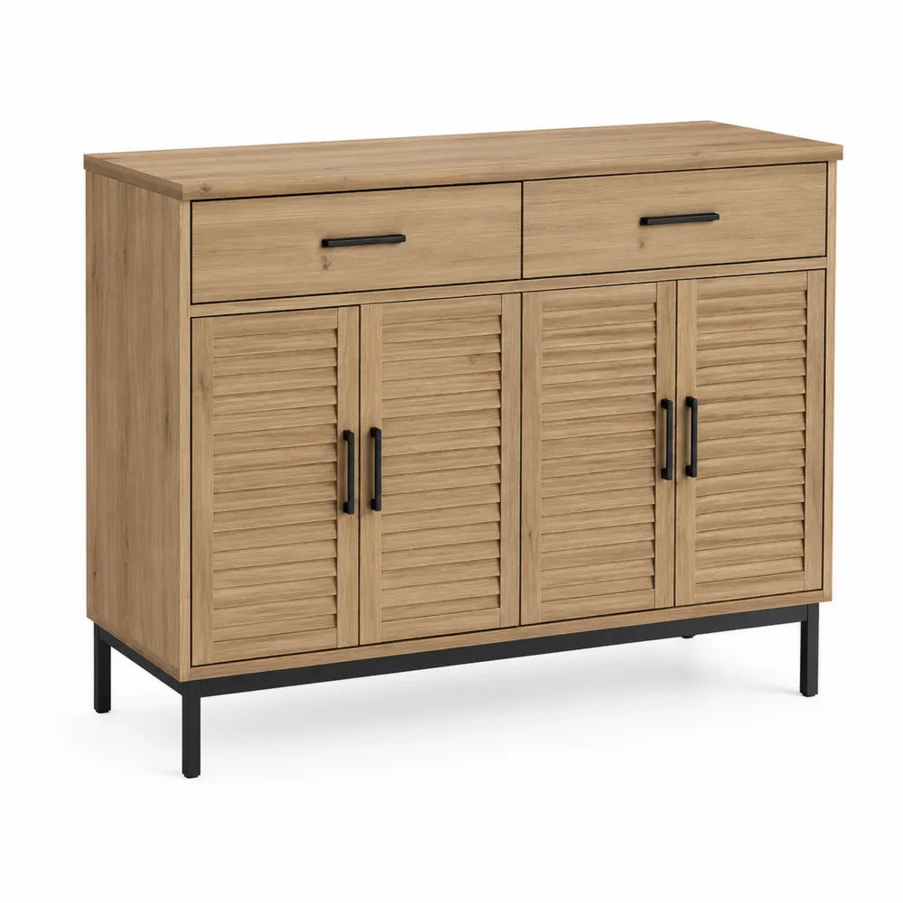 Buffet en bois avec 4 portes et 2 tiroirs chêne clair et métal