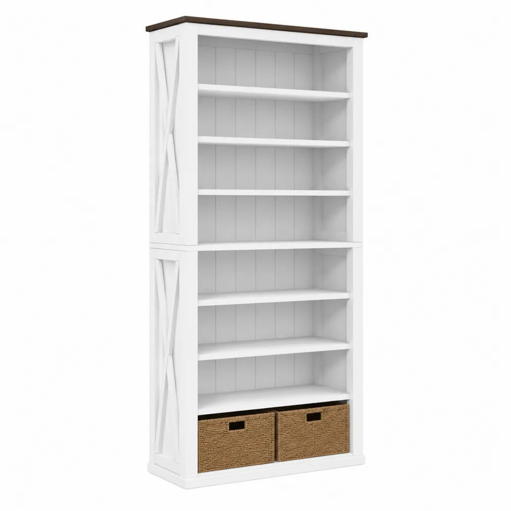 Étagère en bois blanc/marron avec paniers en rotin