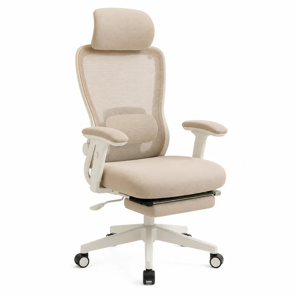 Chaise de bureau en plastique beige avec maille respirante et repose-pieds