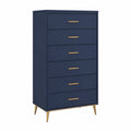 Commode haute 6 tiroirs en bois bleu marine avec poignées et pieds en métal doré