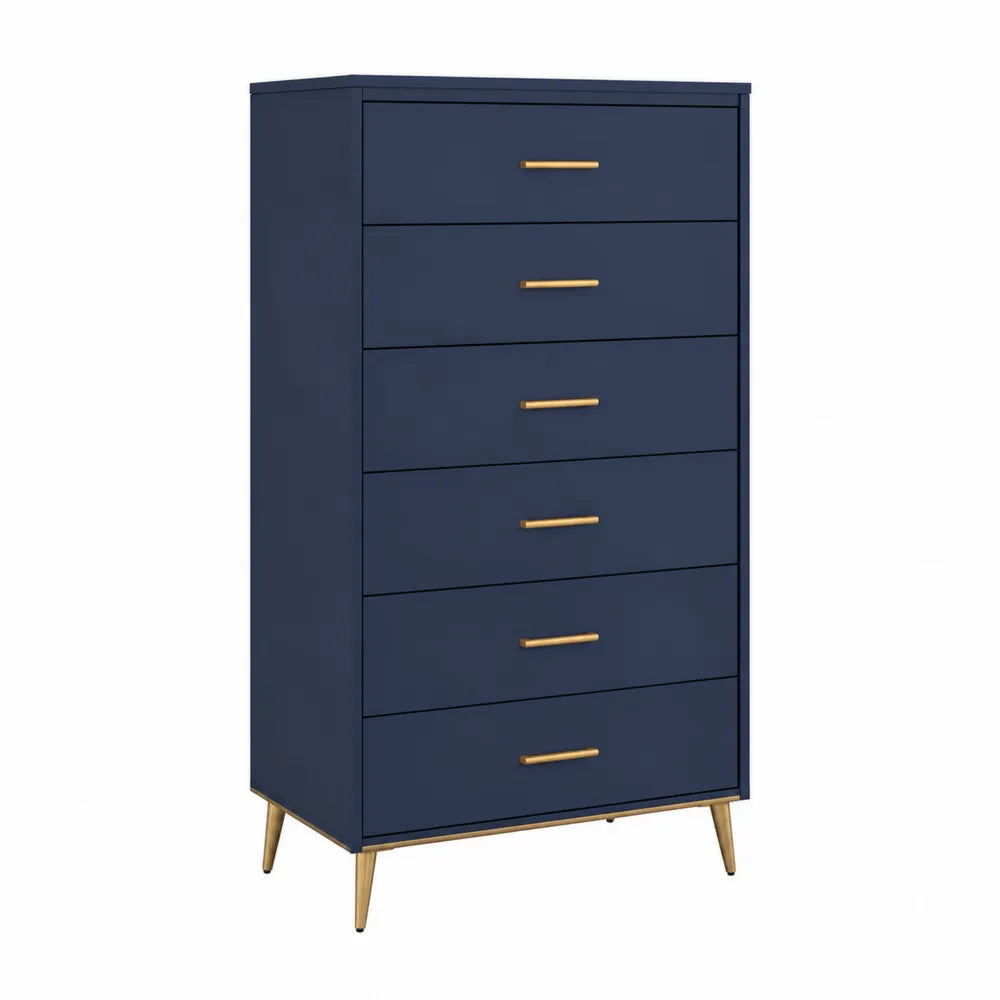 Commode haute 6 tiroirs en bois bleu marine avec poignées et pieds en métal doré