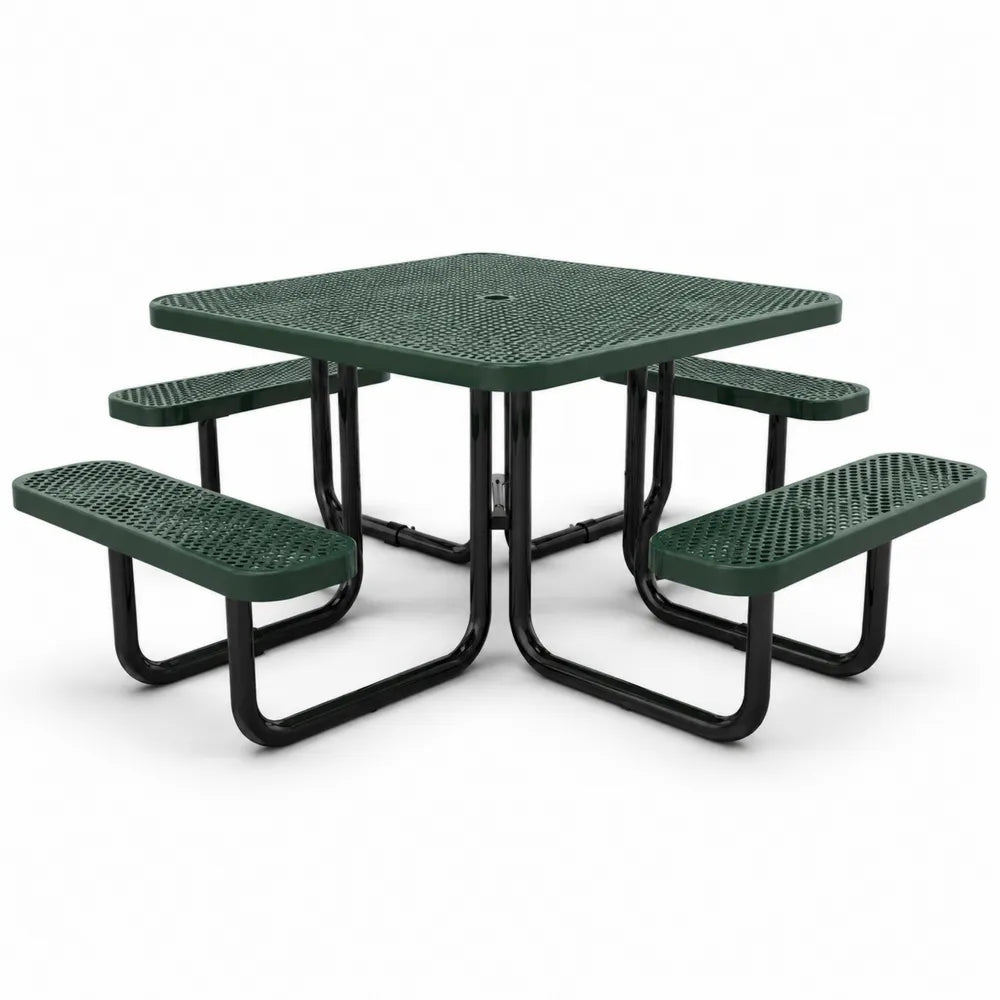 Table de pique-nique extérieure en métal vert avec bancs intégrés