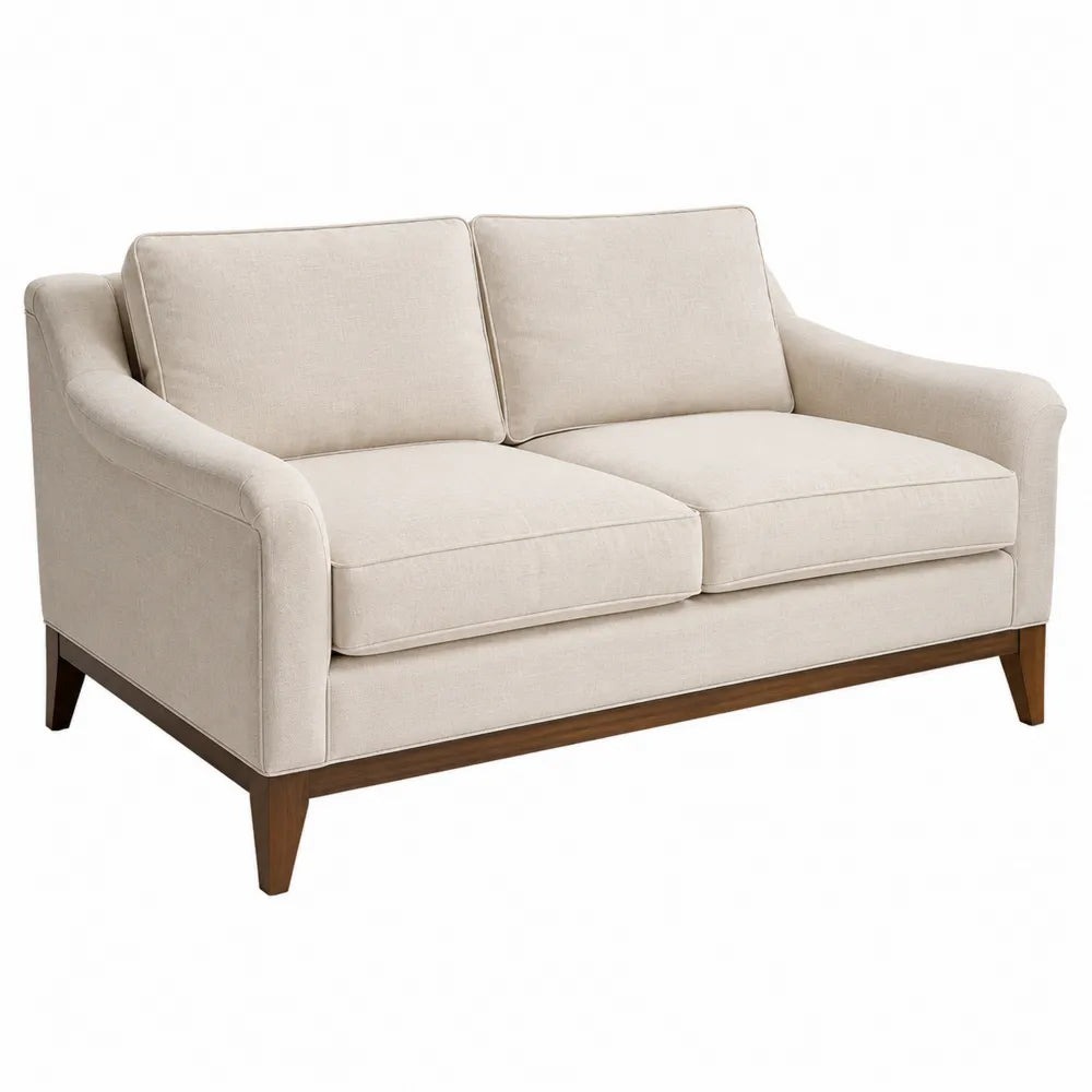Canapé deux places en bois massif et tissu polyester beige 150x90x85 cm