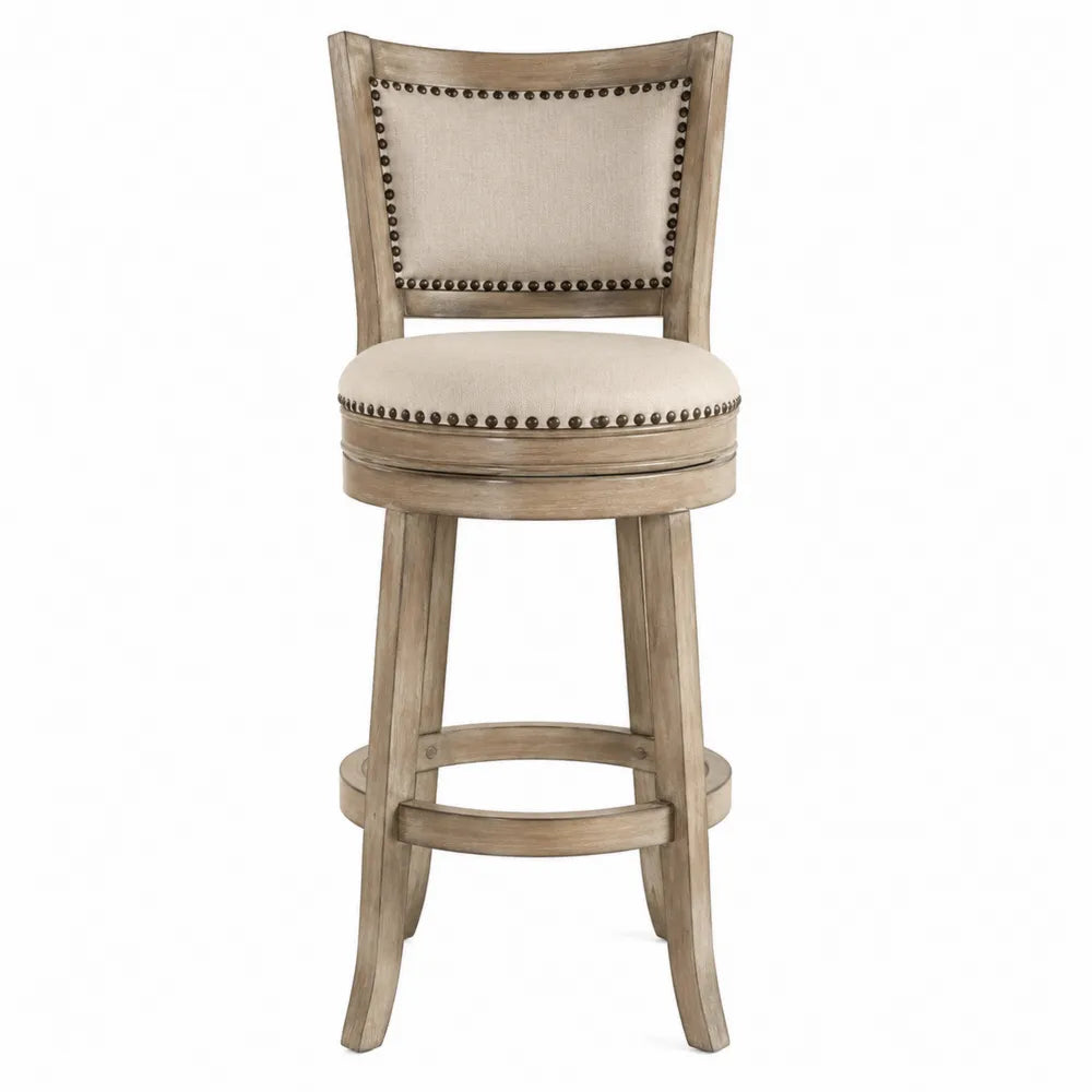 Tabouret de Bar en Bois Massif avec Assise en Lin Beige