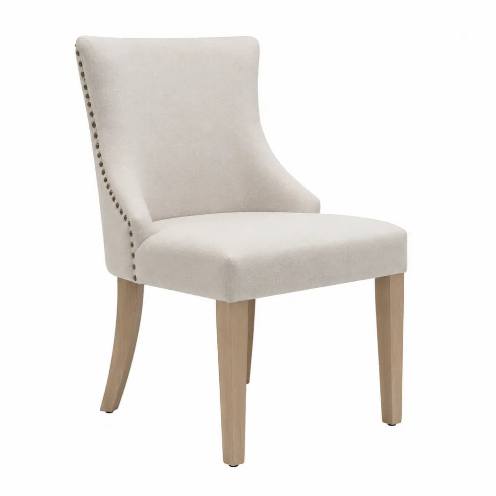 Chaise en lin beige avec pieds en bois de chêne