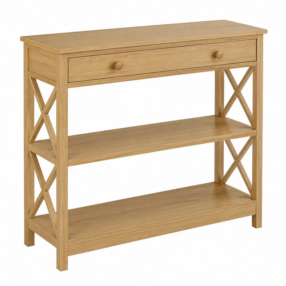 Console en bois avec étagères croisées et tiroir 100x30x80 cm