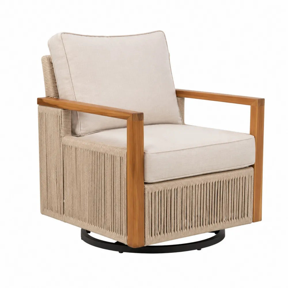 Fauteuil pivotant en teck et corde polyester beige