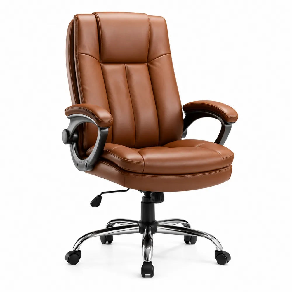 Chaise de bureau en cuir synthétique brun avec base en métal chromé