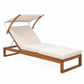 Chaise longue en bois avec pare-soleil ajustable et coussins beiges