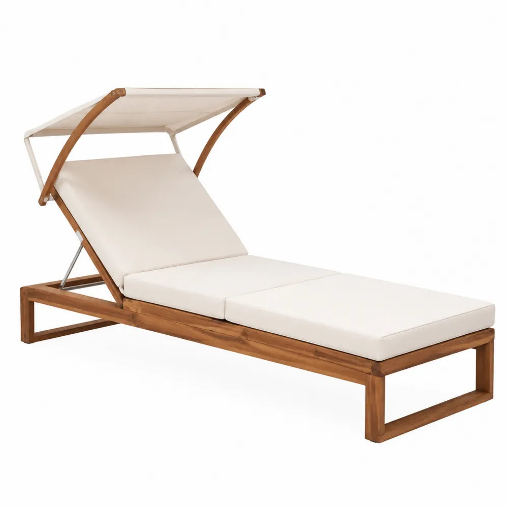 Chaise longue en bois avec pare-soleil ajustable et coussins beiges