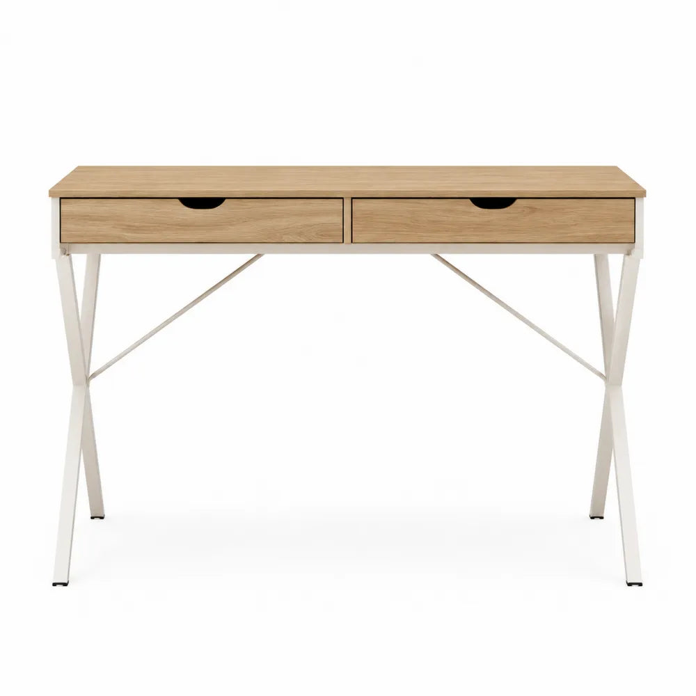 Bureau en bois et métal avec tiroirs chêne clair et blanc