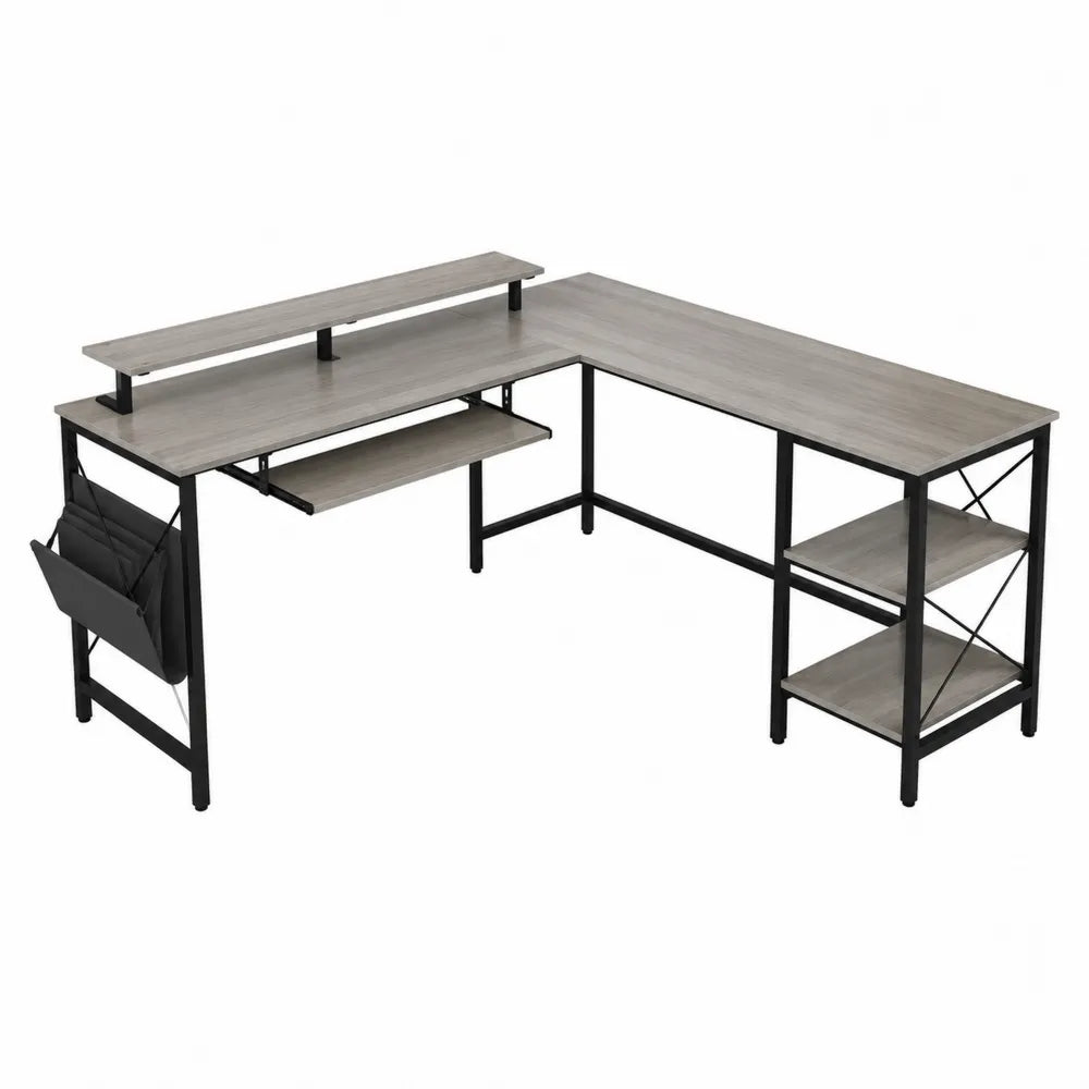 Bureau d'angle en L avec étagères en métal noir et plateau en bois gris
