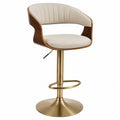 Tabouret de bar pivotant en bois et métal doré avec assise en tissu beige