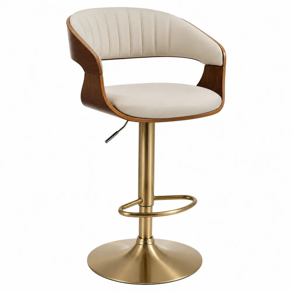 Tabouret de bar pivotant en bois et métal doré avec assise en tissu beige