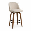 Tabouret de bar en bois avec tissu beige et repose-pieds métal, pivotant 105 cm