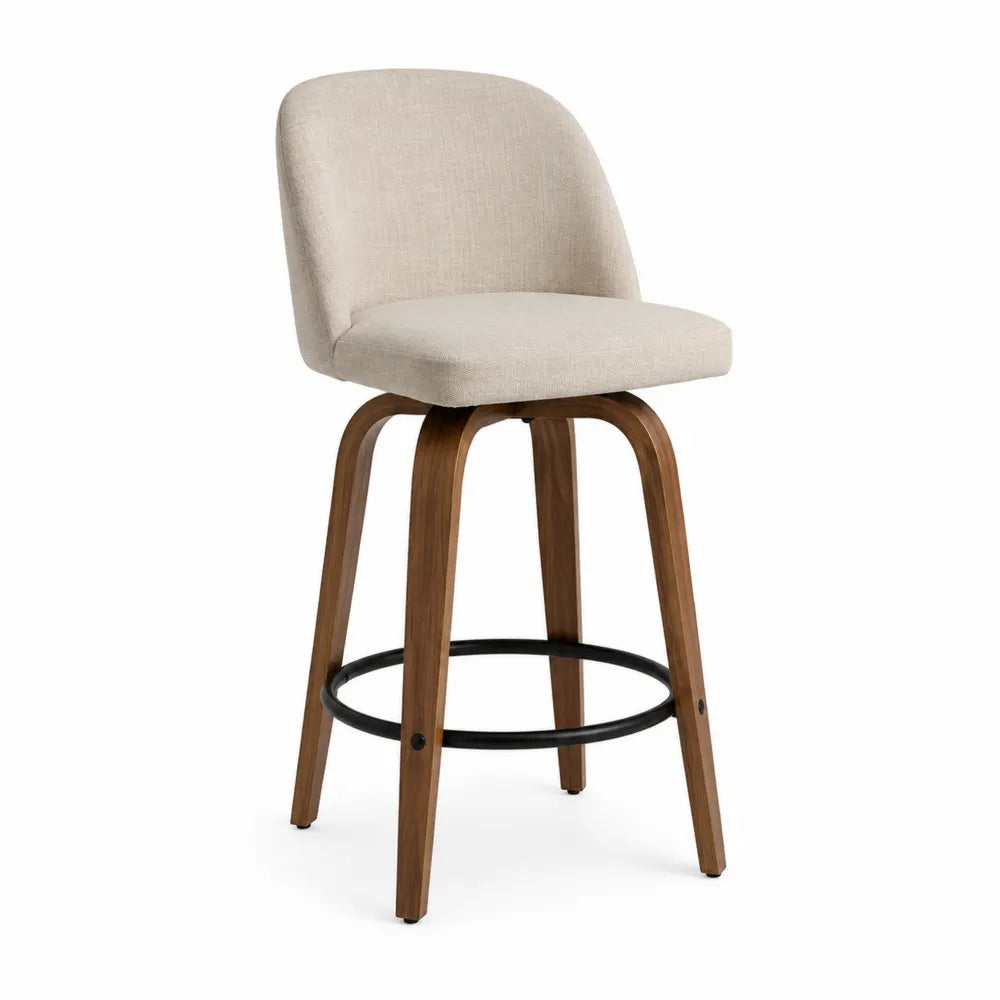 Tabouret de bar en bois avec tissu beige et repose-pieds métal, pivotant 105 cm