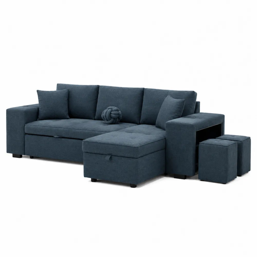 Canapé modulaire en tissu bleu foncé avec méridienne, tabourets et table intégrée