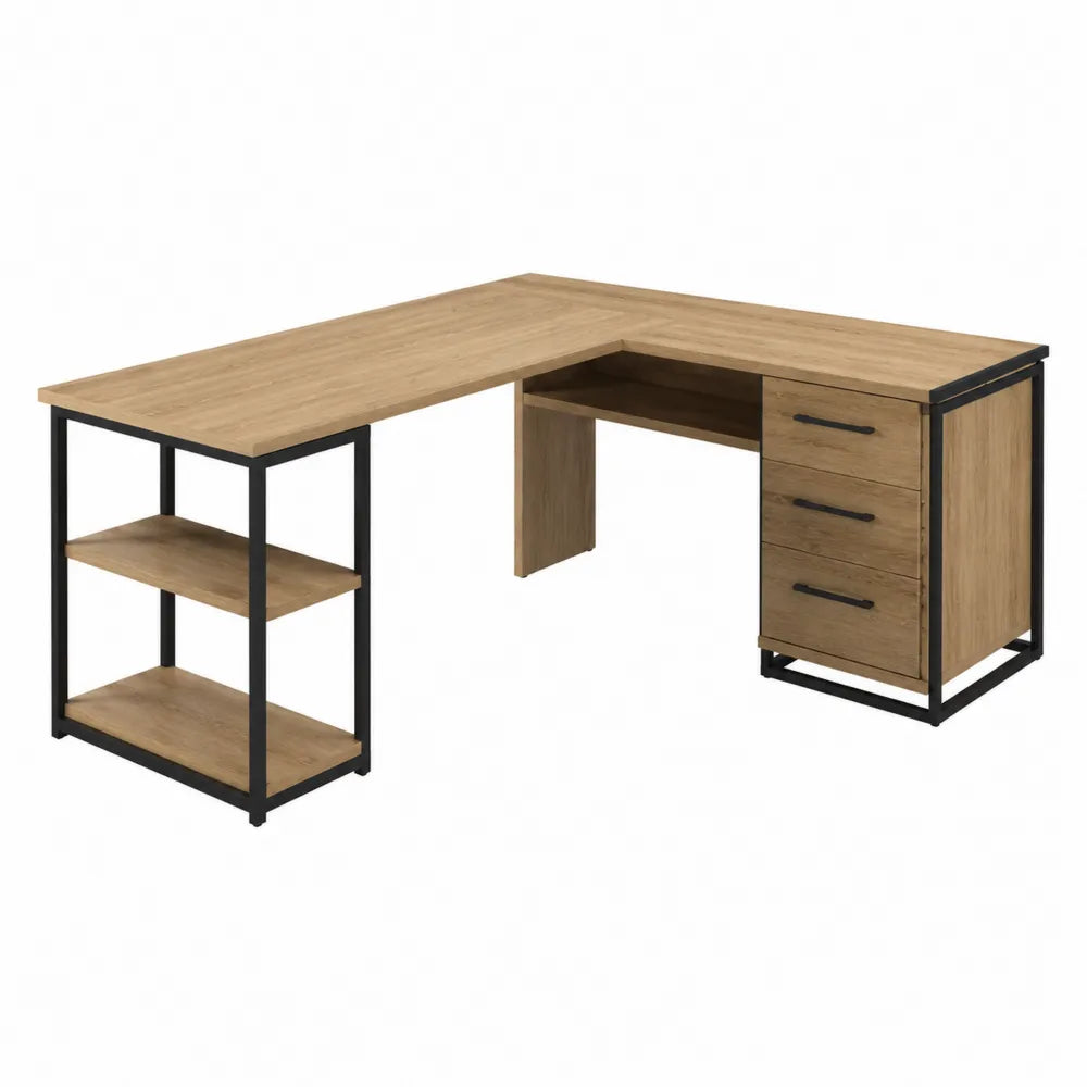 Bureau d'angle en bois et acier avec étagères et tiroirs 150x120x75 cm