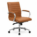 Chaise de bureau en cuir synthétique marron et base en métal chromé