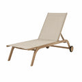 Chaise longue de jardin en teck et textilène beige avec roues