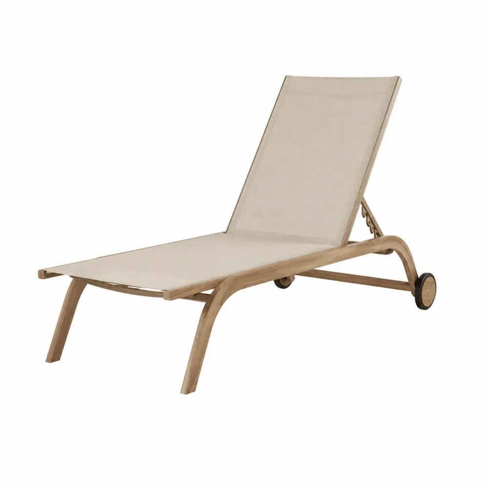 Chaise longue de jardin en teck et textilène beige avec roues