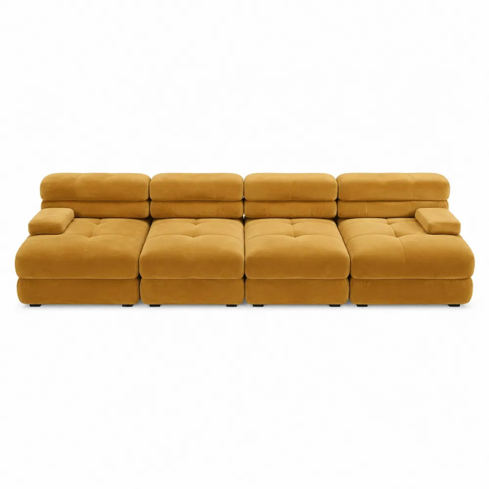 Canapé modulable 4 places en velours polyester jaune avec accoudoirs réglables