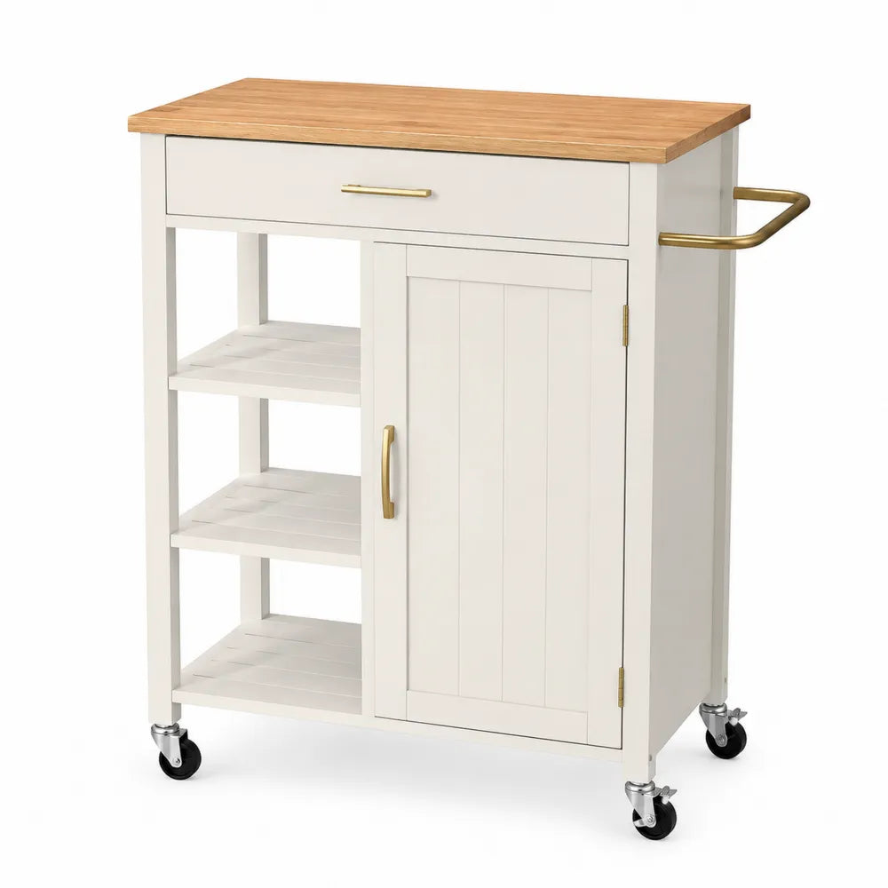 Chariot de Cuisine en Bois Blanc avec Plateau en Bambou