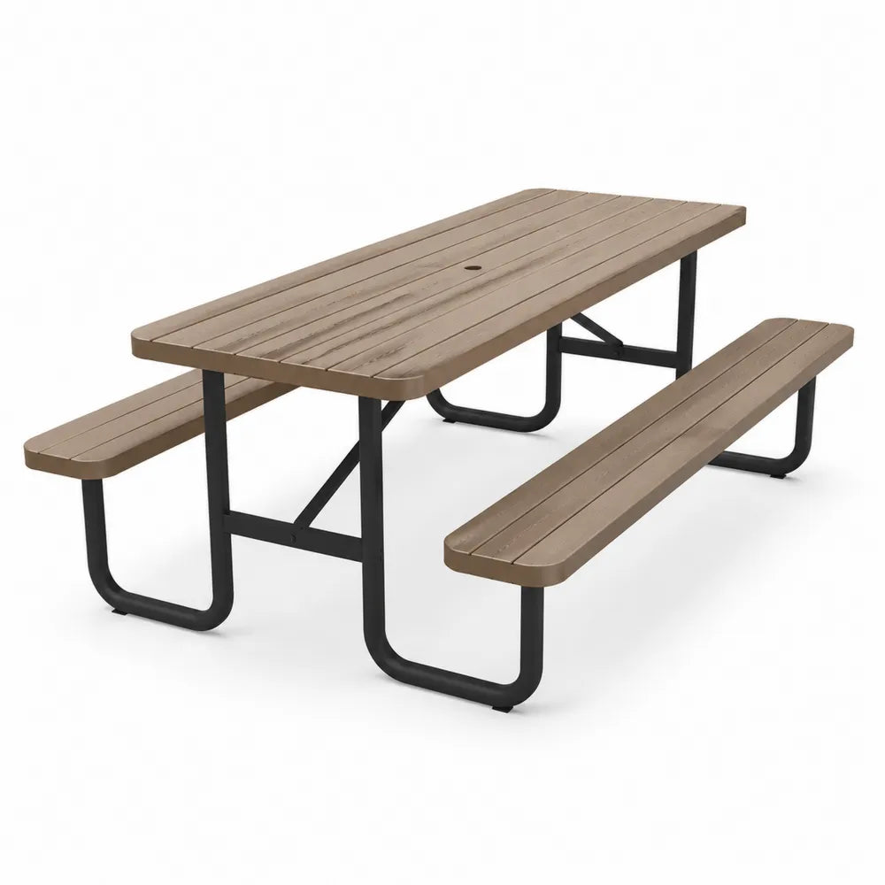 Table de pique-nique extérieure en bois composite brun avec bancs intégrés