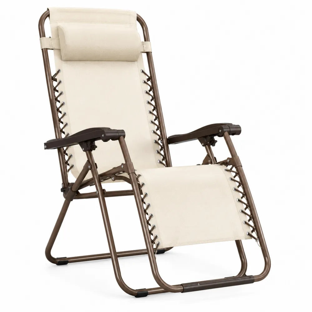 Chaise longue pliante d'extérieur en textilène et acier beige