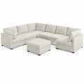Canapé modulaire en bois et polyester beige avec ottomane, forme en U