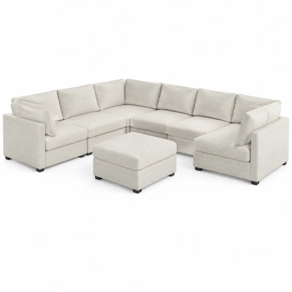 Canapé modulaire en bois et polyester beige avec ottomane, forme en U