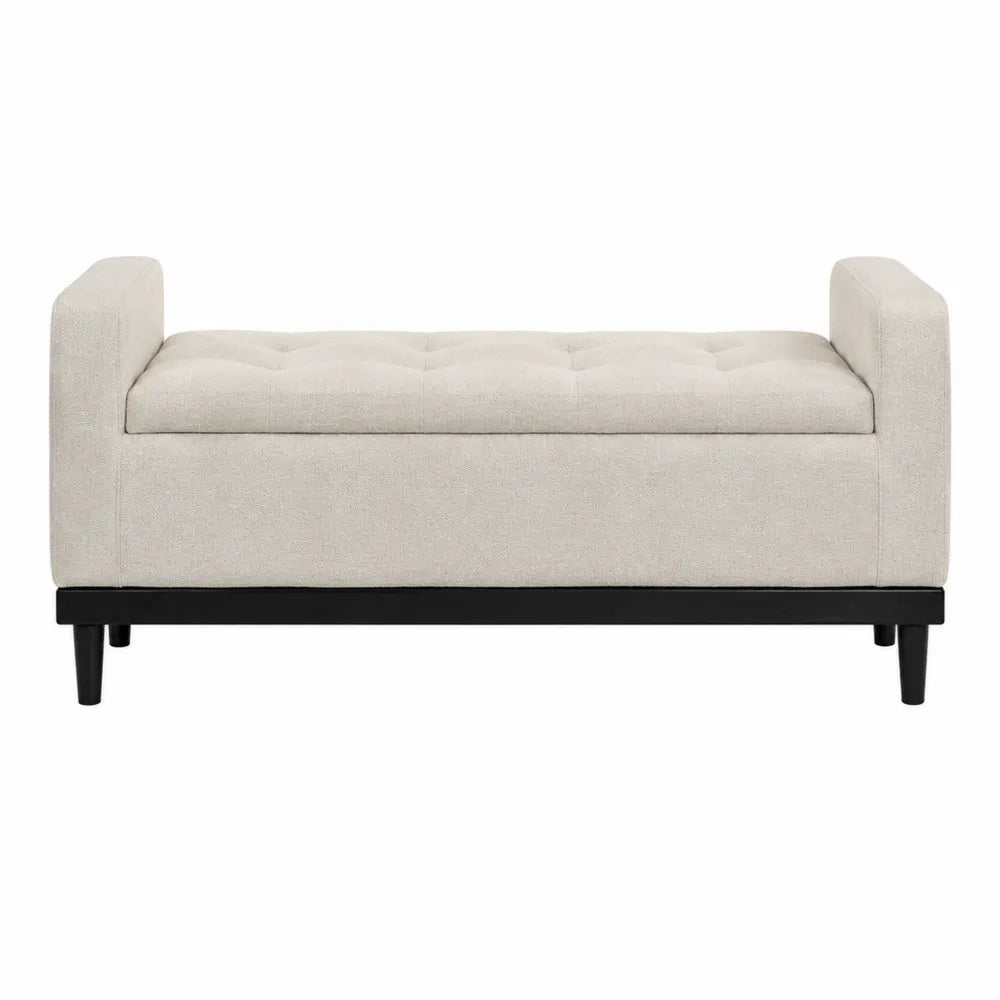 Banc en Tissu Beige avec Rangement et Pieds en Bois