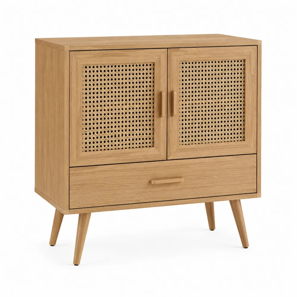 Meuble de rangement en bois avec portes cannées et tiroir chêne clair