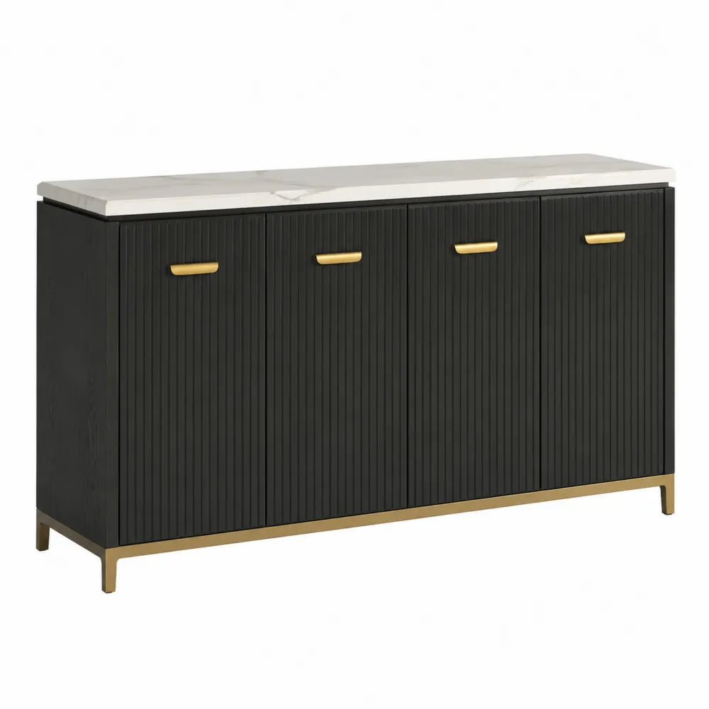 Buffet en bois noir avec plateau en marbre blanc, 4 portes