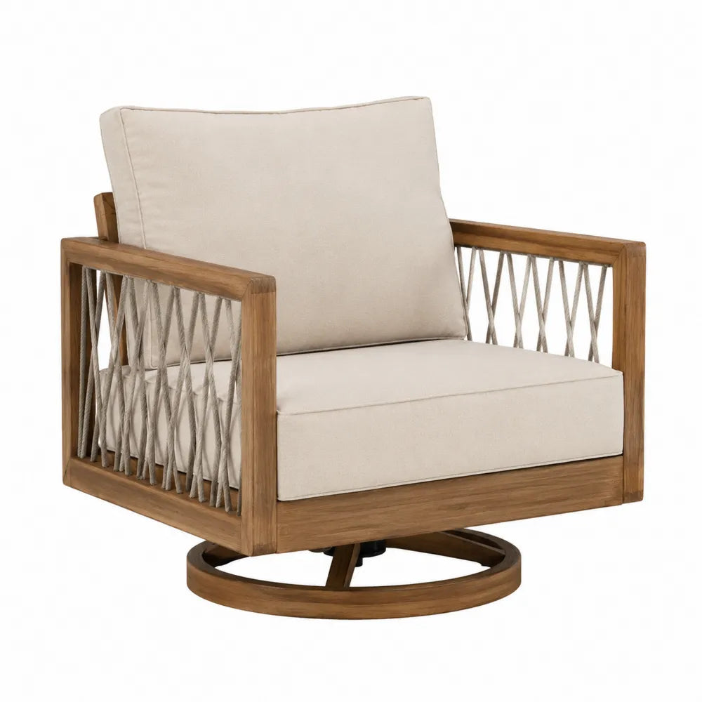 Fauteuil pivotant en bois d'acacia avec coussins en polyester beige
