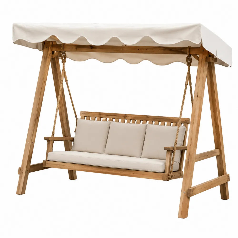 Balancelle en bois avec auvent et coussins en polyester