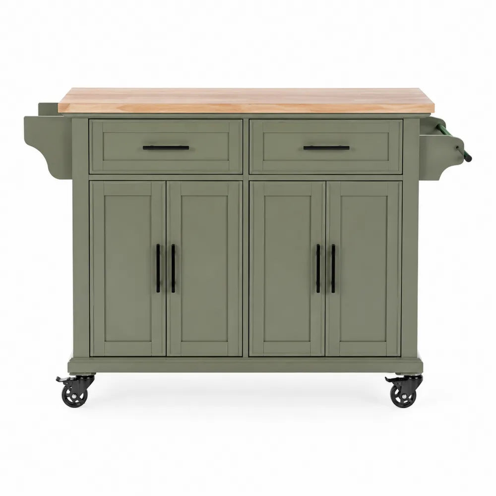 Chariot de cuisine en bois avec plateau en bois massif 122 cm roulettes vert olive