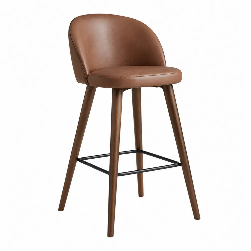 Tabouret de bar en cuir synthétique marron avec pieds en hêtre et métal