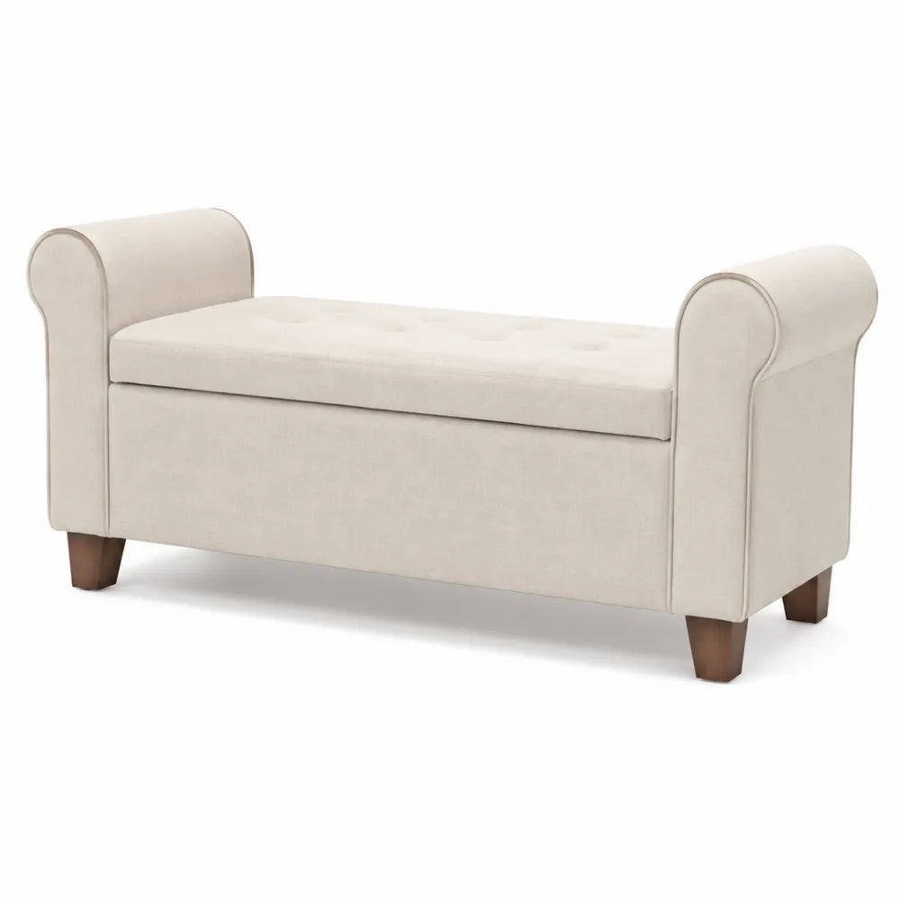 Banc en tissu crème avec rangement et accoudoirs