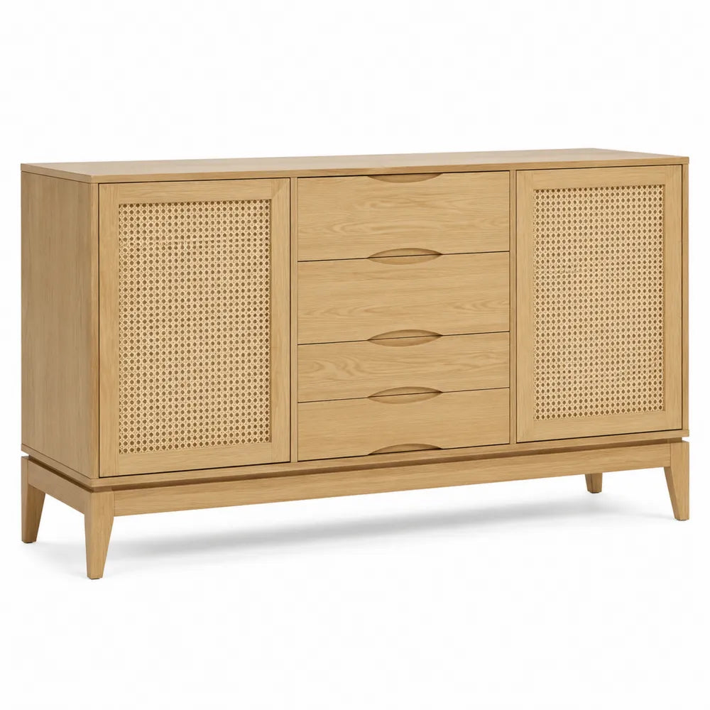 Buffet en bois de chêne et rotin naturel avec 4 tiroirs et 2 portes 160 cm